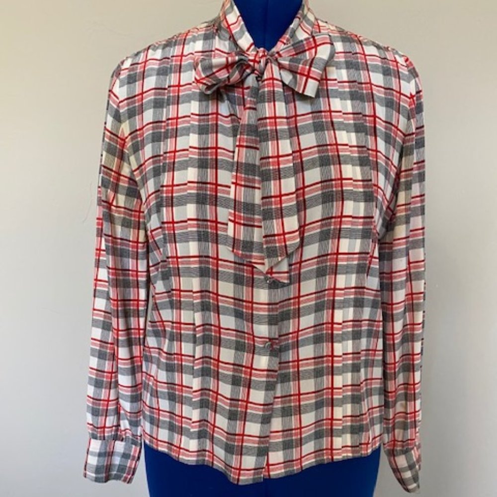 Adolfo Plaid Silk Bow Blouse